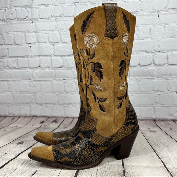 Antonio Melani Brown Suede and Snakeskin Floral Embroidery Heeled Cowboy Boots - Picture 4 of 16